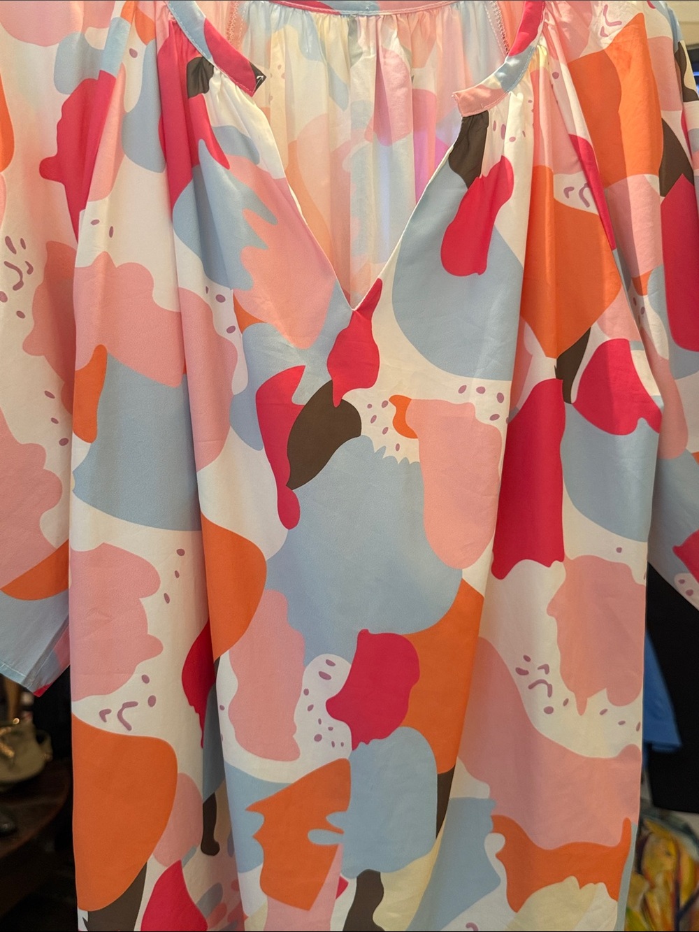 Abstract Print Peasant Blouse in Pink, Coral & Light Blue
